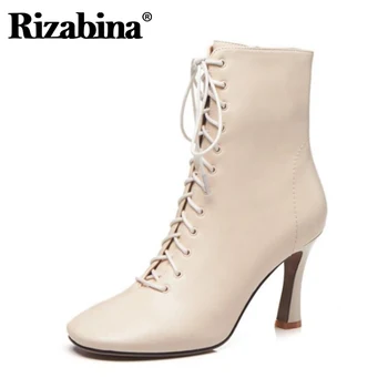 

Rizabina Women Ankle Boots Real Leather Cross Strap Sexy High Heel Winter Shoes Women Warm Zipper Short Boot Footwear Size 34-41