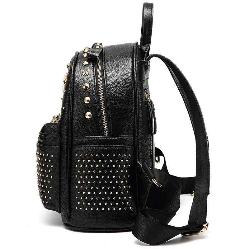 

2018 Summer New Style Small Bee Rivet Shoulder Leather Backpack Women's Rhinestone WOMEN'S Cow Leather Bag Travel Bag