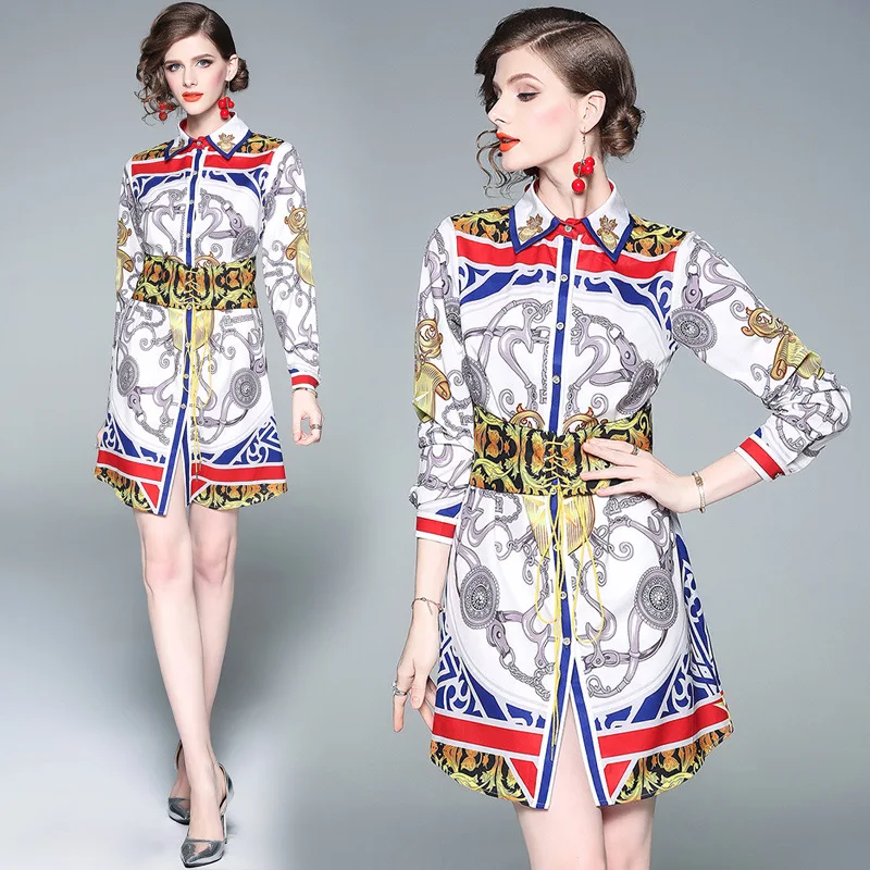 

2019 Spring New Style WOMEN'S Dress High-waisted Lace-up Floral Printed Dress-Style Fashion Long Shirt