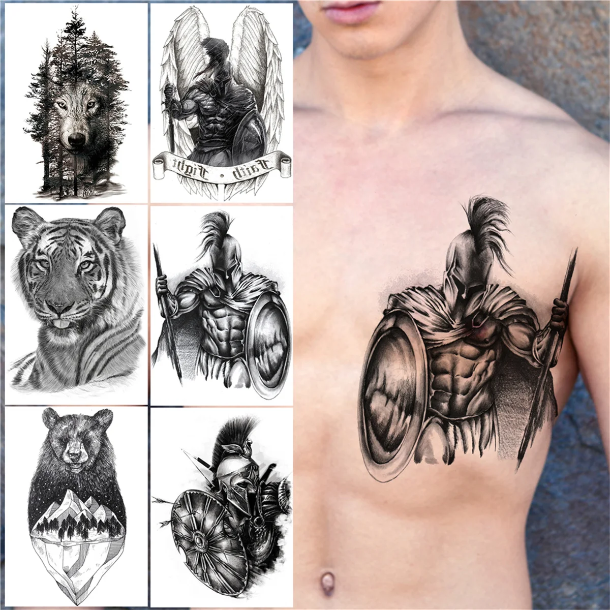 Black Soldier Warrior Temporary Tattoos For Men Women Kid Wolf Tiger Tattoo Sticker Realistic Fake Forest Beer Tatoos Waterproof