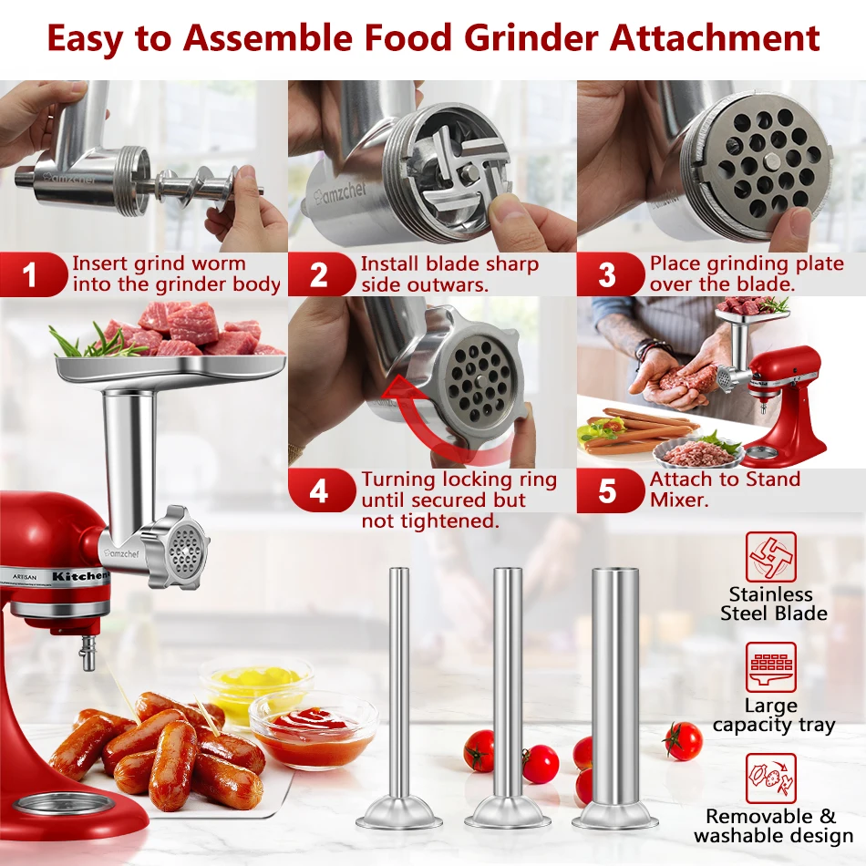 Amzchef 3-in-1 Pasta Maker Attachments Set for Kitchenaid Mixers