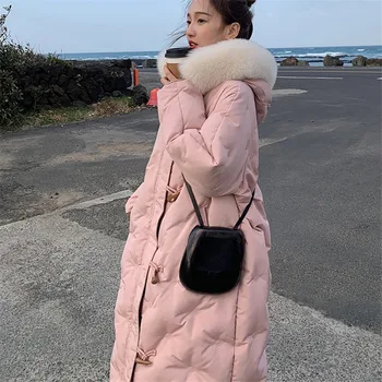 

Real Fox Fur Collar Women Down Jackets Vintage Buttons Hooded Thick Warm Down Coat 2020 New Winter Loose Long Overcoat Snow Wear