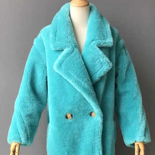 Для женщин настоящая овечья шерсть пальто ежедневный пиджак осень-зима с длинным рукавом лацкан норка мех, женская верхняя одежда, джинсовая куртка шерсть Тедди куртка медвежонок - Цвет: Teal short