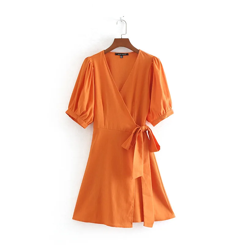 

2019 Western Style Spring And Summer WOMEN'S Dress New Style Double Breasted Flax V-neck Short-sleeve Dress
