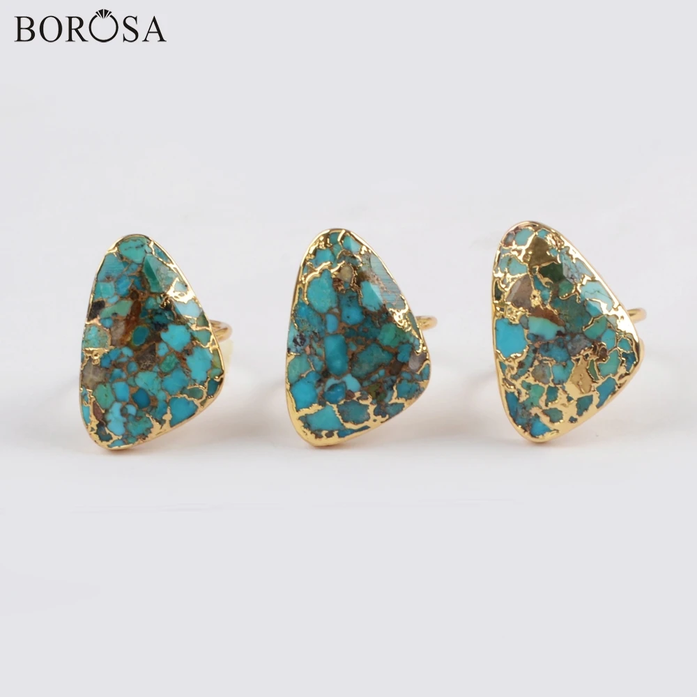 BOROSA модное бирюзовое кольцо золотого цвета Купер бирюза Druzy регулируемое Бохо