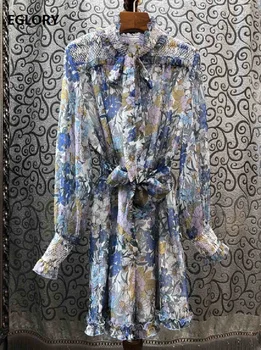 

High Quality Jumpsuit Shorts 2020 Spring Summer Playsuits Women Bow Collar Elegant Floral Prints Long Sleeve Casual Beach Shorts