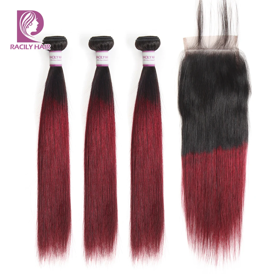 

Racily Hair T1B/Burgundy Brazilian Straight Hair Remy Human Hair 3/4 Bundles with Lace Closure 99J Ombre Bundles with Closure