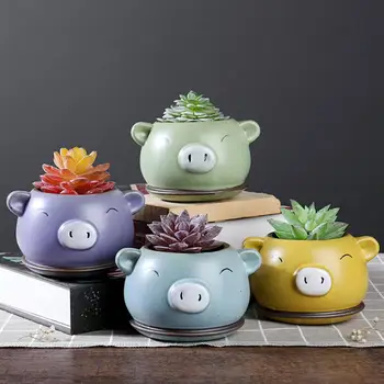 

1PC Succulent Storage Jar Ceramic Flowerpot Pig Design Planter Mini Bonsai Container Gardening Supply (Pattern 3)