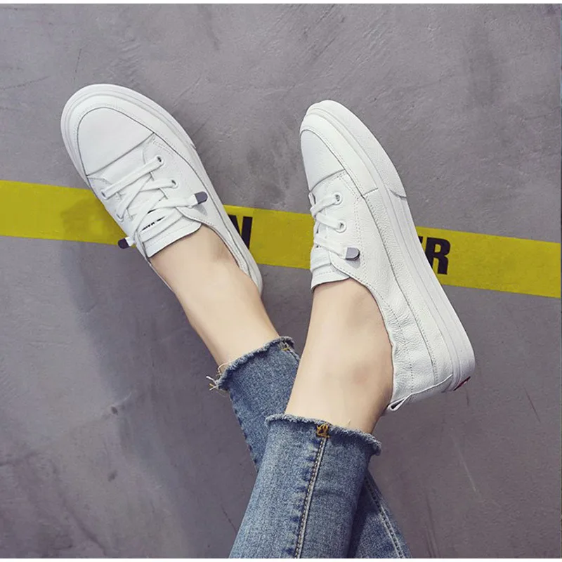 Women Comfy White Flats Pu Soft Leather Ladies Shoes Lace Up Casual Comfort Autumn Vulcanize Fashion Loafers Young Lace-Up