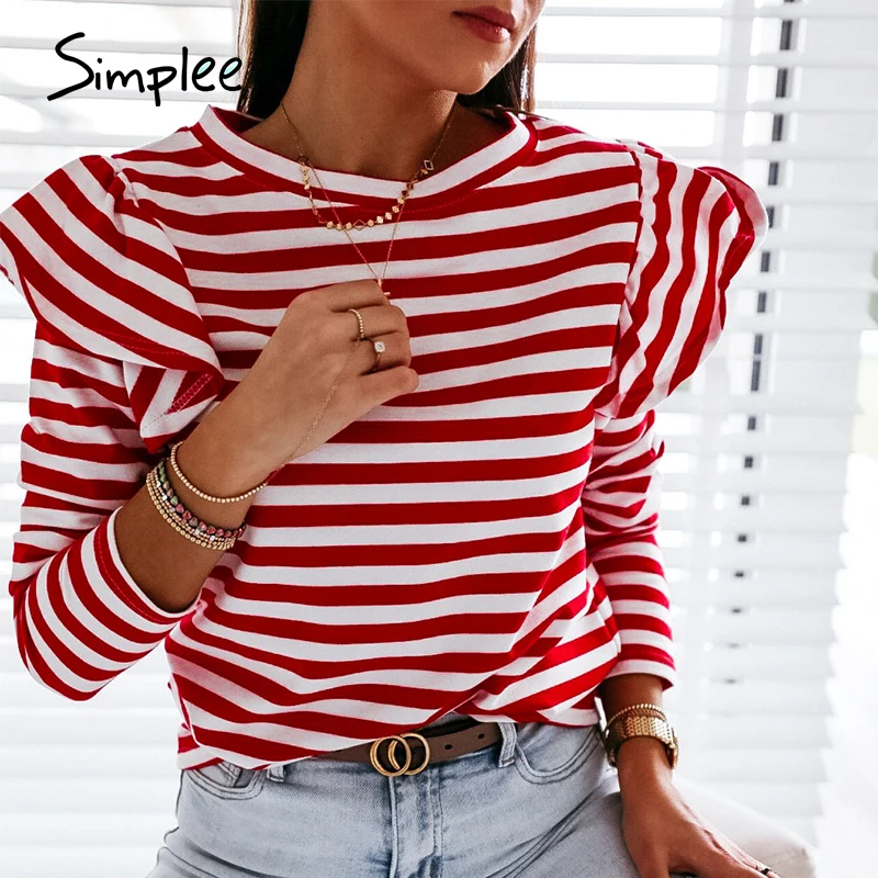Simplee Causal Long Sleeve Red White Striped Tops For Female Autumn Winter Ruffled Base Shirt 2020 Streetwear O-neck Women Tops