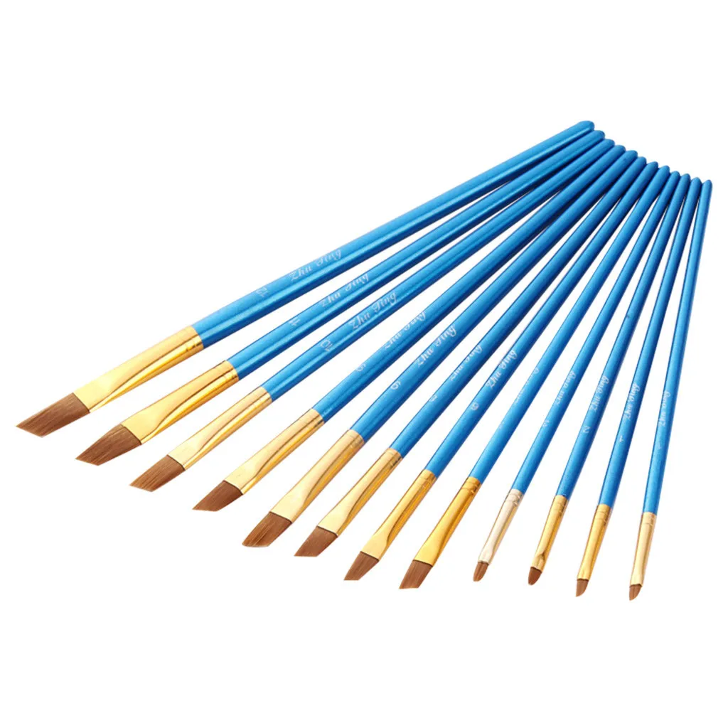 12 Artist Watercolor Painting Brushes Brush Oil Acrylic Flat&Tip Paint Kit