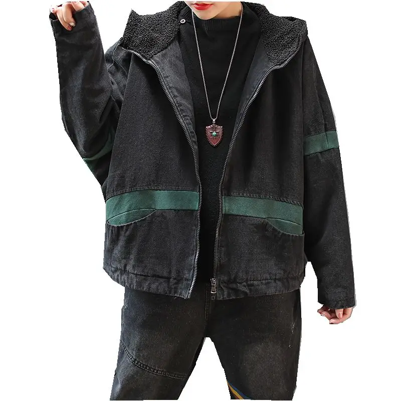 Denim jacket women Зимняя свободная короткая джинсовая куртка большого размера, Женская винтажная Тонкая Повседневная одежда на хлопковой подкладке с капюшоном и молнией Z3 - Цвет: Denim jacket women