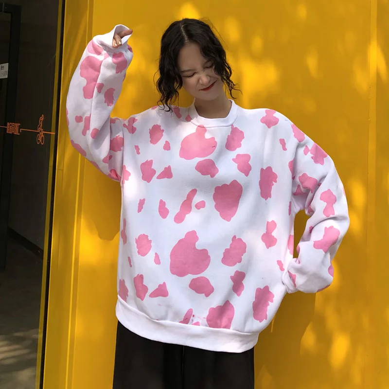 Осенние толстовки женские корейские Harajuku милые коровы свободные пуловеры с длинным рукавом одежда оверсайз с круглым вырезом уличная одежда W177
