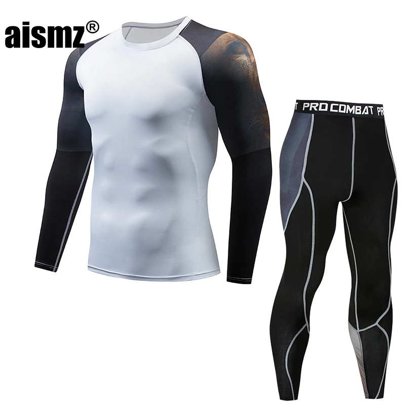 Aismz компрессионная одежда спортивный костюм для мужчин Moletom Masculino с 3D принтом Спортивные костюмы фитнес-футболки+ колготки комплект из 2 предметов - Цвет: AZ2002B