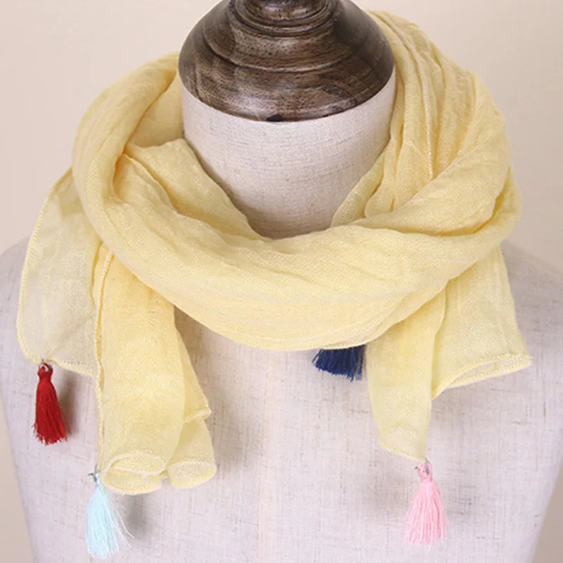 Spring Solid Color Sweet Children Scarf Korean Version Wild Tassels Soft Breathable Cotton Linen Warm Shawl Boys Girls E12