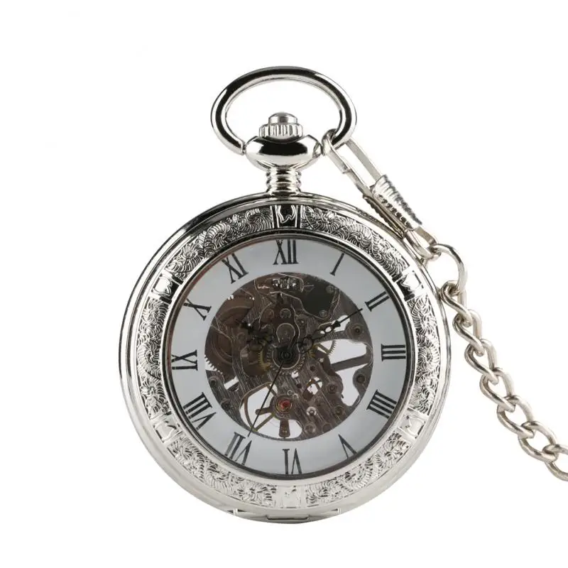 Luxury Silver Roman Numerals Display Skeleton Clock Men Women Hand Winding Mechanical  Pocket Watch Pendant Chain Half Hunter