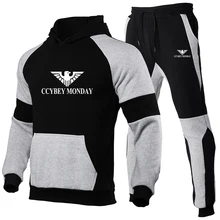 Stitching Printing Sets Tracksuit Men Autumn Winter Hooded Sweatshirt Drawstring Outfit Sportswear Pullover Two Piece Set Casual