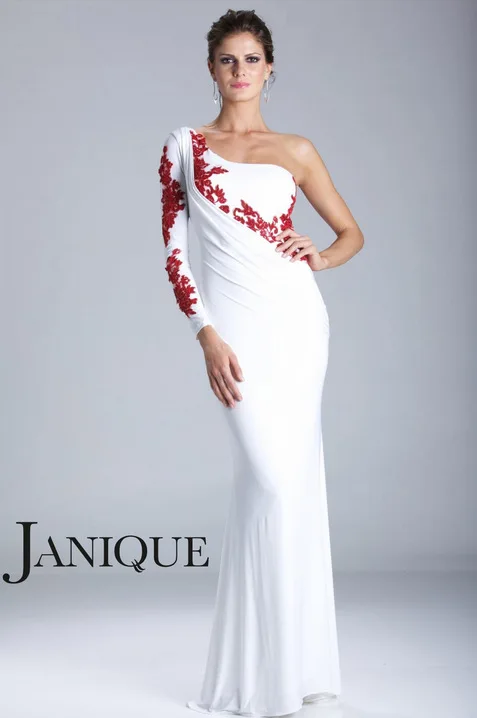 Robe de soiree, Красное Кружевное Платье-футляр с аппликацией, на одно плечо, с длинным рукавом, вечерние платья для матери невесты - Цвет: Белый
