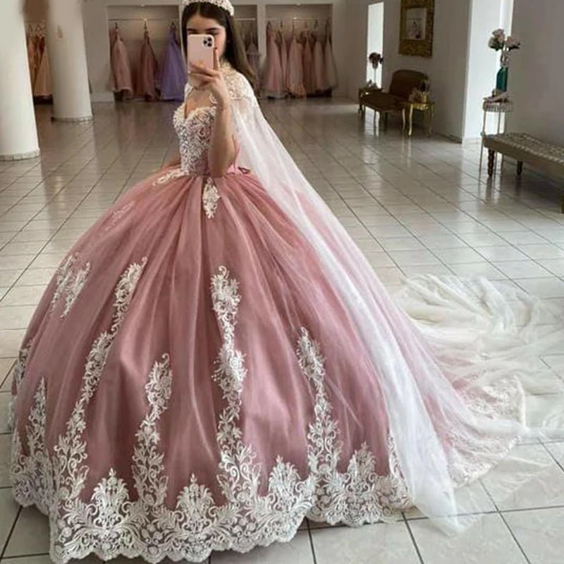 

Pink Quinceanera Dresses With Cape Ball Gown Sweetheart Lace Beading Party Princess Sweet 16 Dress Tulle Lace-Up Backless