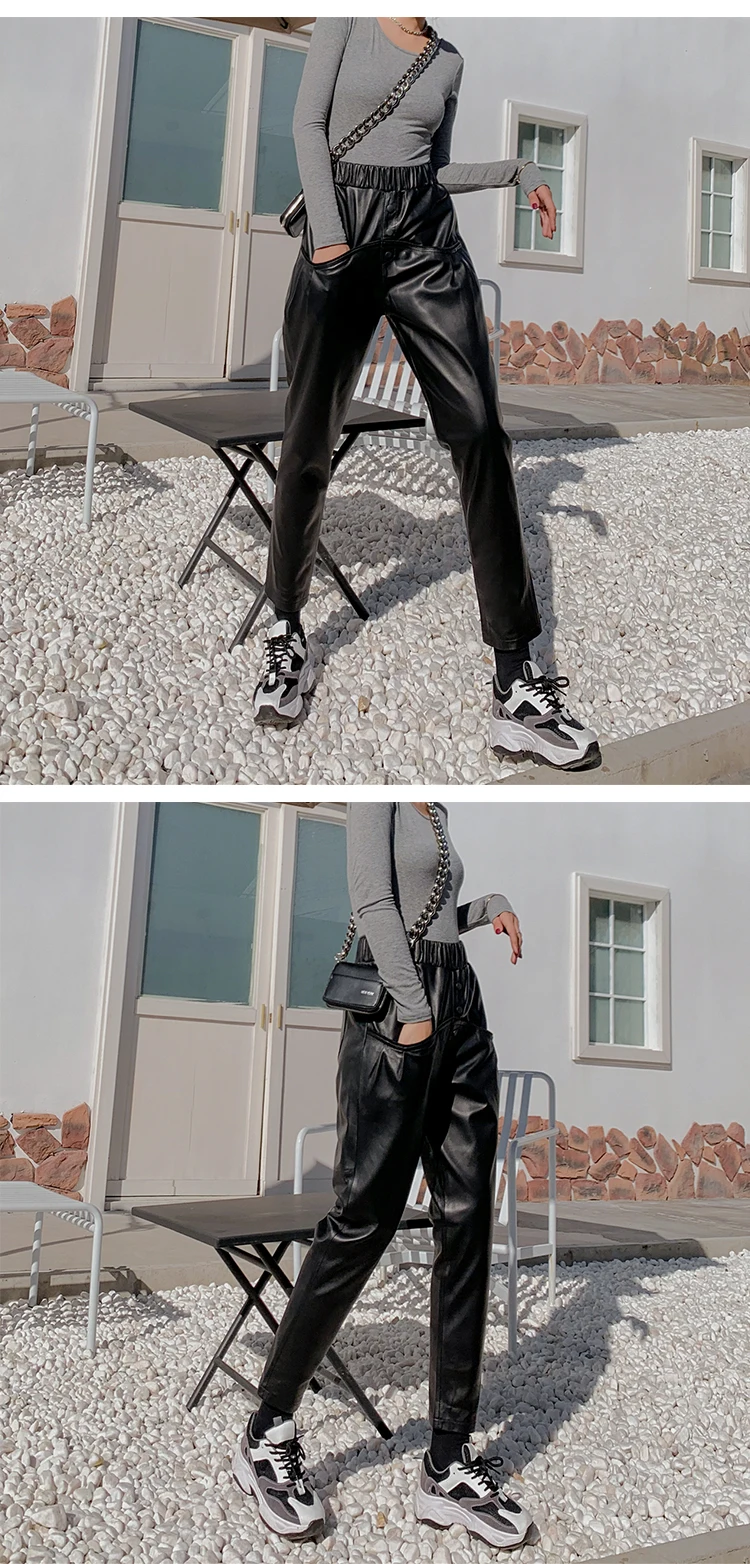 Брюки из натуральной кожи размера плюс, однобортные, спереди, с высокой талией, овчина, шаровары, женские осенние повседневные брюки с карманами