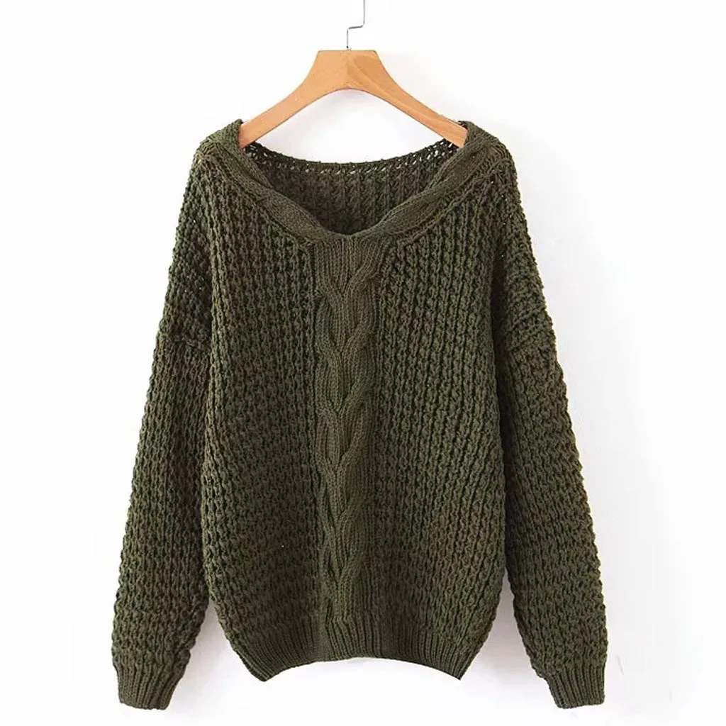 Army Green Truien dames pull femme nouveaute свитер женский пуловер однотонный длинный рукав v-образный вырез вязаный свитер Джерси mujer - Цвет: Army Green