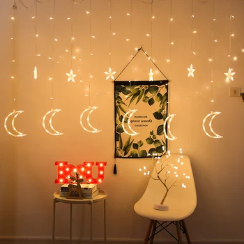 

LED Curtain String Light Star Moon Flash Fairy Warm White Multicolor Lamp Plug Models Decorative Night Light for Home Window Dec