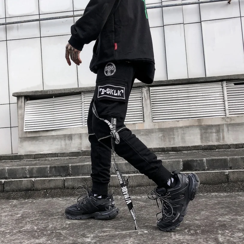 

2019 new webbing small feet pants casual sports pants original high street letters printing ribbon men's Hip Hop trousers