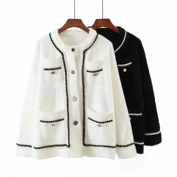 

Elegant women striped soft sweater 2020 fashion ladies packet sweater sweet female button sweater coat girls chic sweater