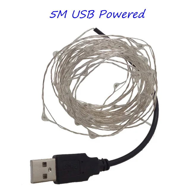 5M 50LED USB Powered Светодиодный светильник-гирлянда с серебряной проволокой, теплая белая Гирлянда, украшение для дома, Рождества, свадьбы, вечеринки, питание от батареи, тесто, USB, 10 м - Испускаемый цвет: 5M 50LED USB Powered