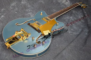 

China OEM powers customs shop Shining metallic blue color Hollow Jazz Electric Guitar with Bigsby Tremolo Golden Hardware