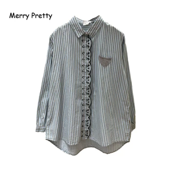 

Women's Striped Blouse And Tops Cartoon Cat Embroidery Turndown Collar Blouses 2020 Spring New Sweet Style Blouse MERRY PRETTY