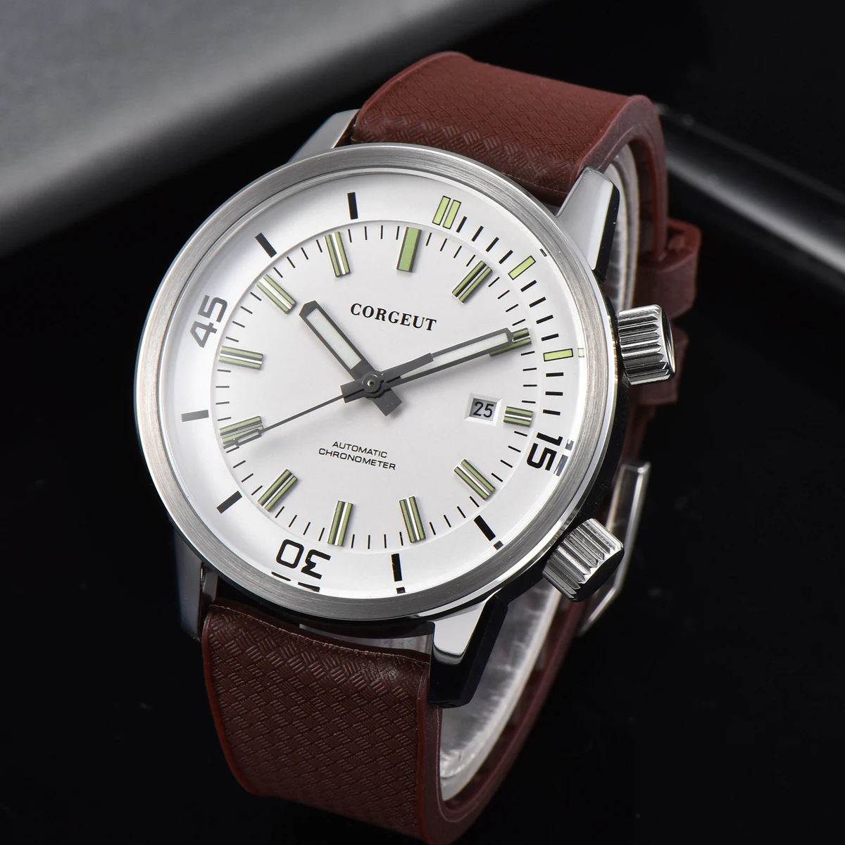 

Mens Mechanical Watches Mens Corgeut white dial Top Brand Luxury Date Watch Men rubber sport WaterproofAutomatic Watch Clock
