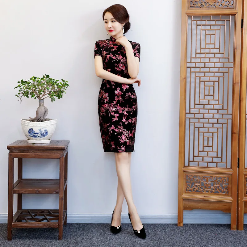 Сексуальное облегающее винтажное женское платье с пуговицами Cheongsam, с цветами, классическое велюровое мини платье Qipao, новинка, китайское платье Vestidos, вечернее платье