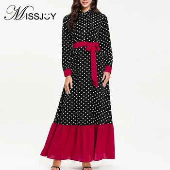 

MISSJOY Fashion Elbis Kaftans Muslim abayas Dot Dress For Women Ruffled Stitching Long Sleeve Turkey Islamic Dubai robe musulman