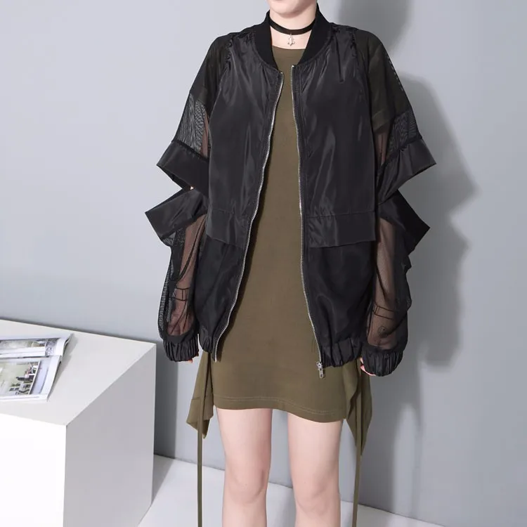 astounding  [EAM] 2020 New Autumn Winter Stand Collar Long Sleeve Black Thin Hollow Loose Big Size Perspective 