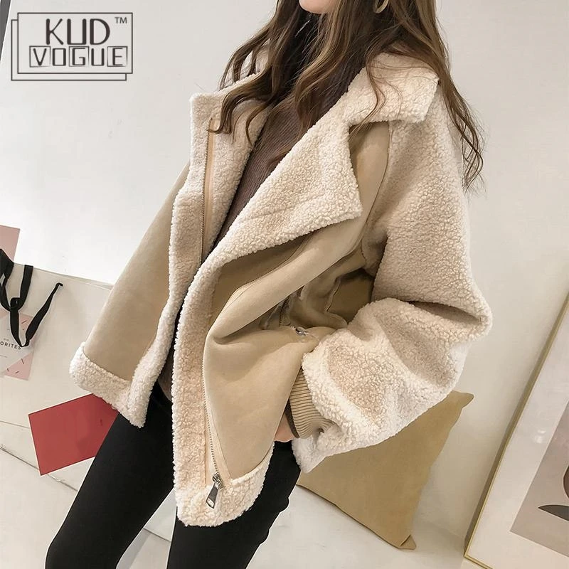 Very best Women Winter Oversized Teddy Jacket Chic Faux Suede Fur Collar Coats Aviator Motorcycle Biker Jacke