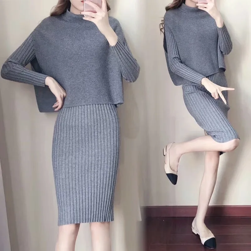 

New Style Women's Fashion Elegant Sweater 2019 Autumn Clothing Korean-style Mid-length Slim Fit Slimming Two-Piece Dress Women's