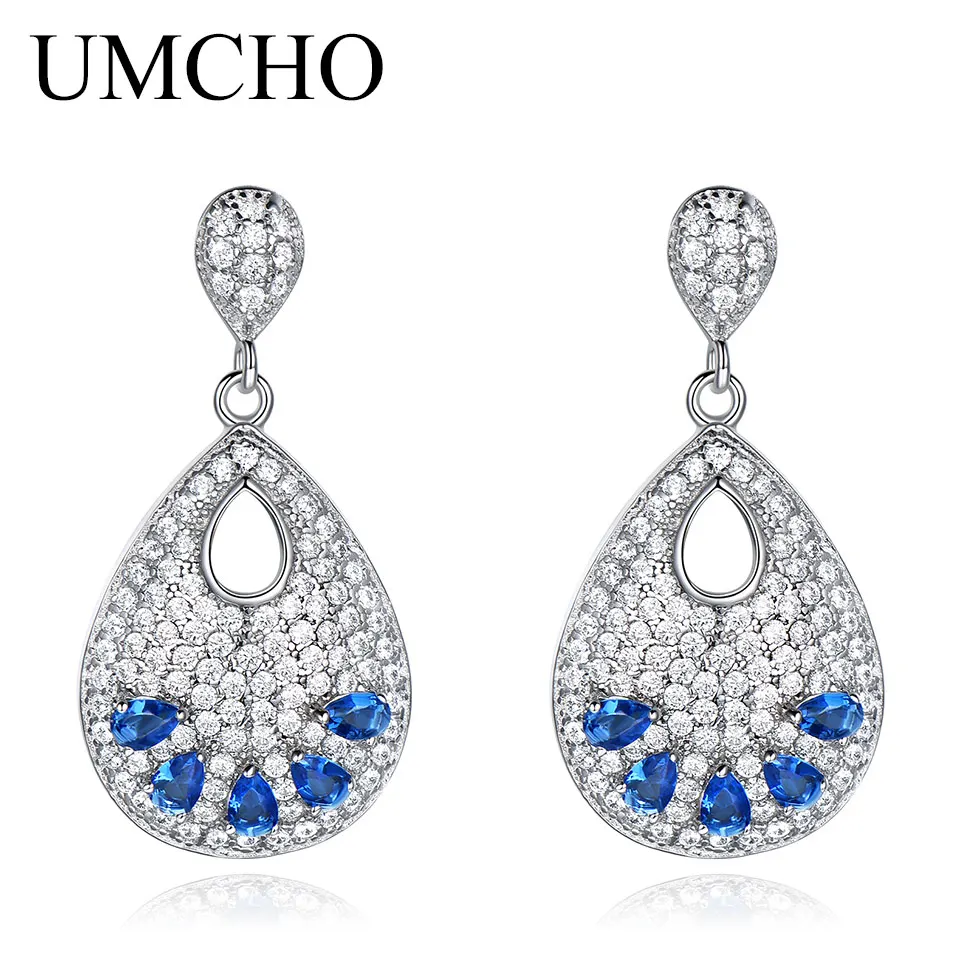 Sapphire UMCHO серьги с сапфиром в виде капли воды, настоящее 925 пробы, серебряные серьги с драгоценным камнем для женщин, свадебный подарок, хорошее ювелирное изделие - Цвет камня: Sapphire