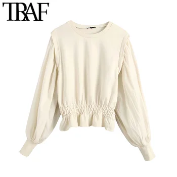 

TRAF Women Vintage Stylish Solid Short Style Sweatshirt Fashion O Neck Long Puff Sleeve Elastic Waist Cozy Pullovers Chic Tops