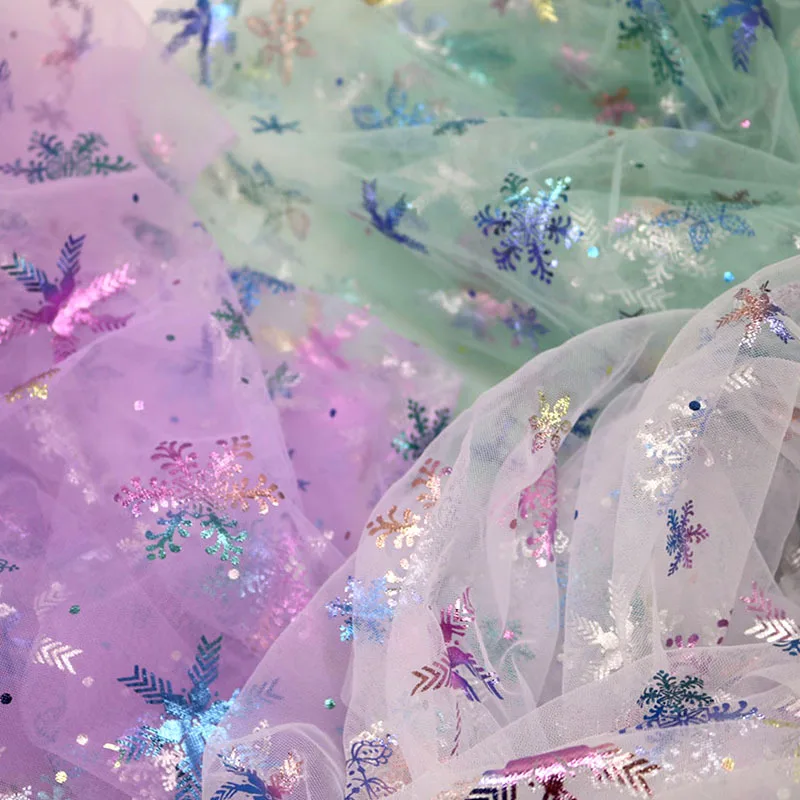 150cmx100cm Colorful Snowflake Soft Tulle Fabric Princess Dress Glitter Fabric New Year Organza Printed Bronzing Fabric