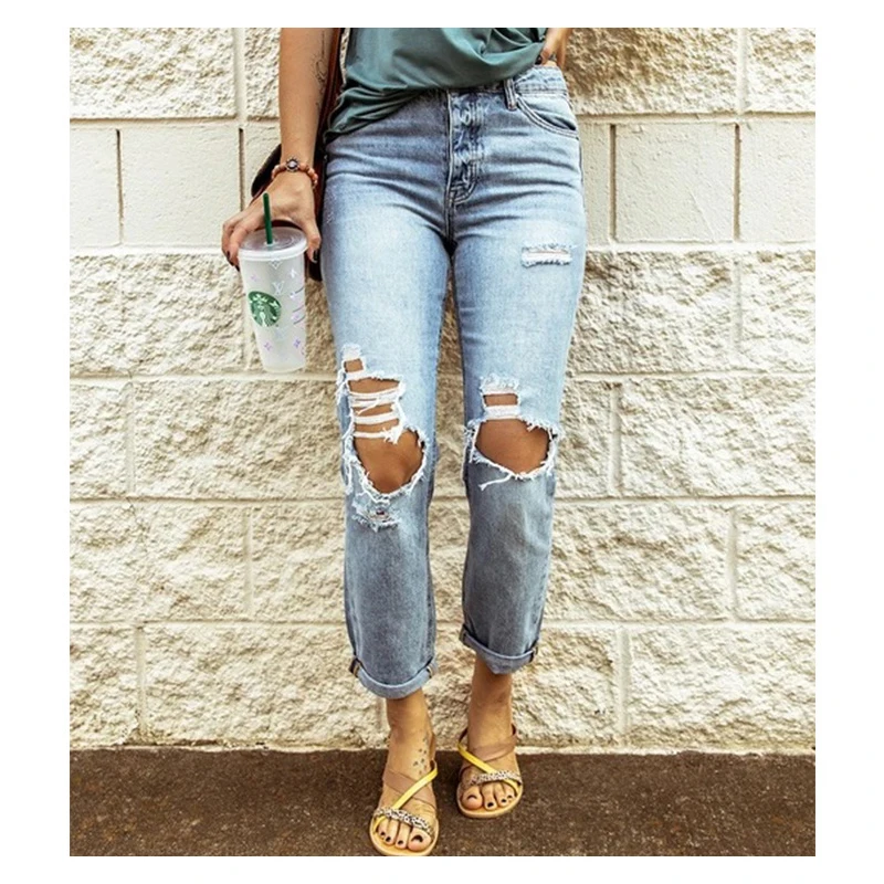 

High Waist Straight Leg Women's Jeans Ripped Hole Washed Slim Tassled Pants Fashion Solid Color Casual Female Denim Trousers