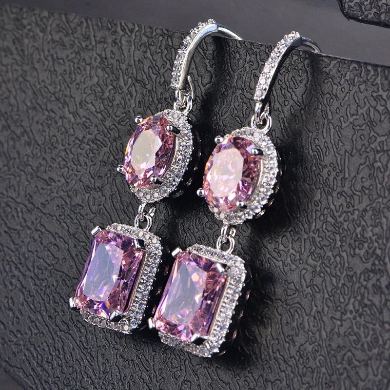 GENUINEGEM Silver Drop Earrings For Women 925 Sterling Silver Pink Quartz Crystal Dangle Earrings Fashion Valentine's Day Gifts