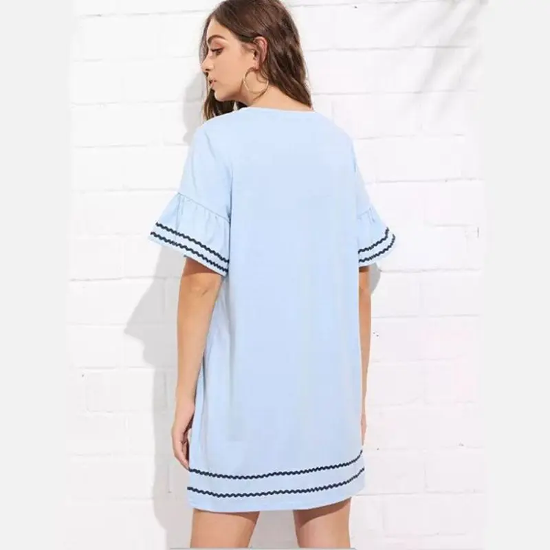 

Amazon AliExpress EBAY2018 early autumn New style contrasting color webbing o neck crew neck bell sleeve Slim fit dress