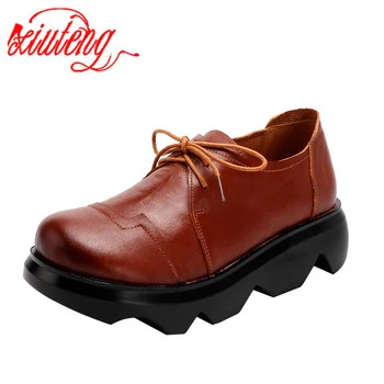 

Xiuteng 2020 new thick-soled autumn platform shoes increased toe layer cowhide lace up trendy shoes women's shoes Flat shoes