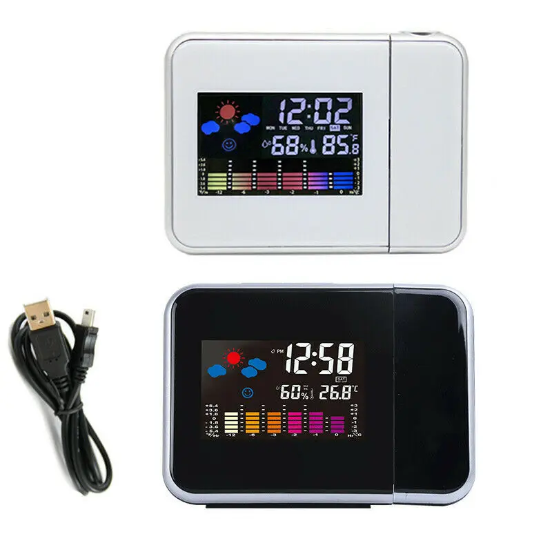 2019 New Projection LED Display Alarm Clock Digital LCD Weather Snooze Function Temperature Thermometer Humidity Table Clock images - 6