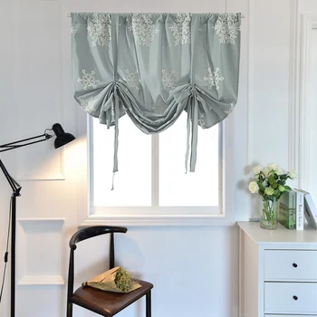 

Short Roman Curtain Balloon Shade Floral Embroidery Tie Up Curtains Rod Pocket for Kitchen Window Valance Light Gray