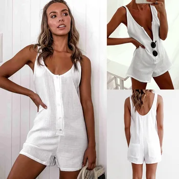 

White Playsuits Women Summer Button Pocket Decor Streetwear Tank Overalls O Neck Sleeveless Backless Sexy Jumpsuit Casual Romper