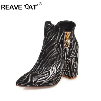 

REAVE CAT Women's Boots Crystal Block Heels pointed toe zipper Winter party shoes big szie 44