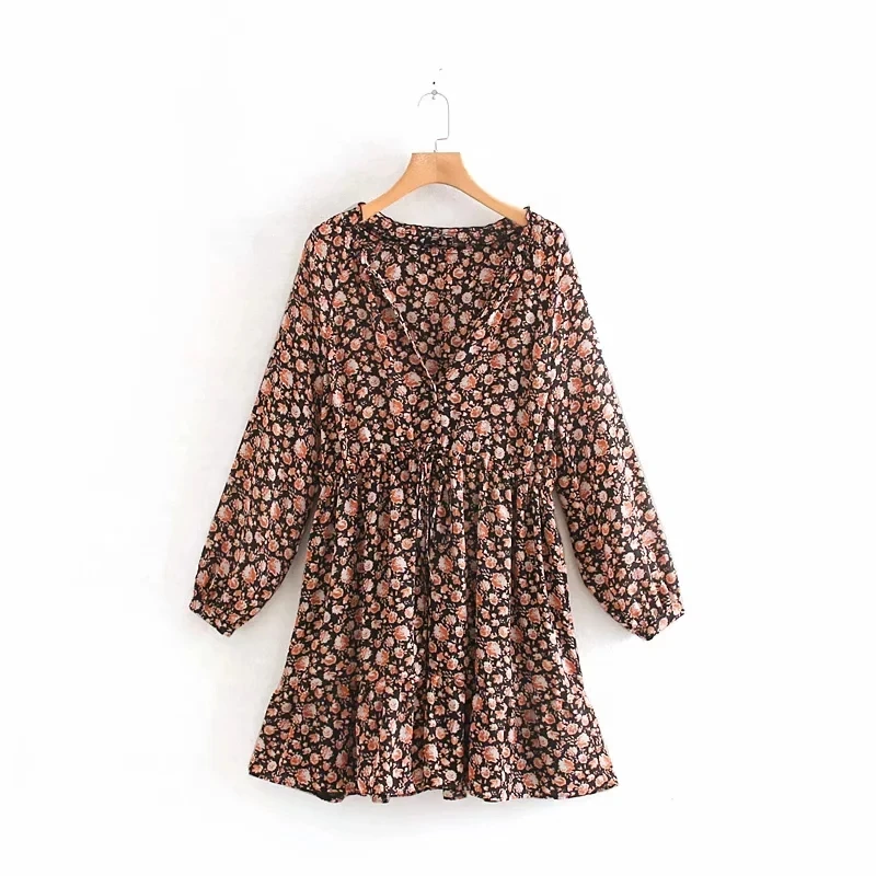 as pic Vintage Flower Printing V Neck Waist Drawstring Women Dress Autumn Leisure Lady Long Sleeve Loose Dresses D3679 - Цвет: as pic