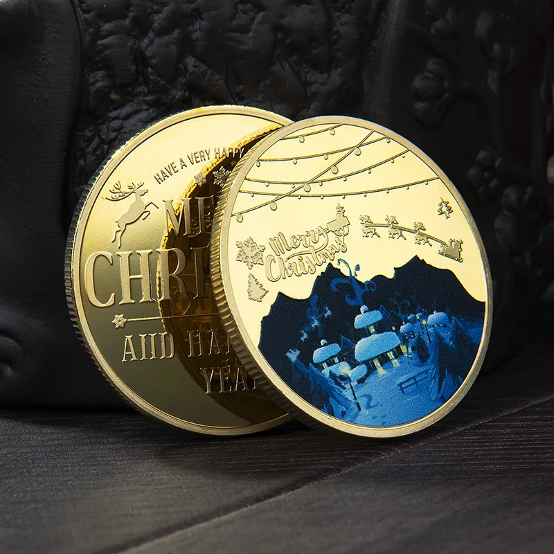 Christmas commemorative coin uv painted printing metal medallion gold-plated silver badge small gifts  Non-currency Coins